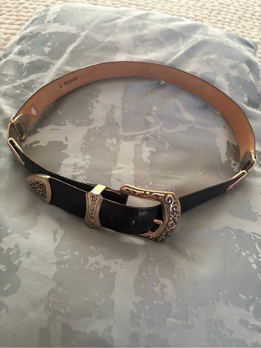 Brighton Black Leather Belt with Ornate Gold Buckle